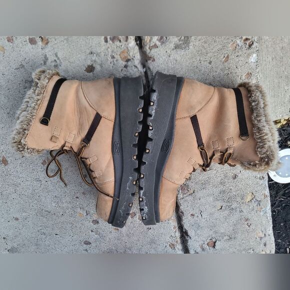 Vintage 90s Chunky Skechers Womens Boots Platform Tan Leather Lace Fur Y2K Sz 7 - Picture 9 of 12